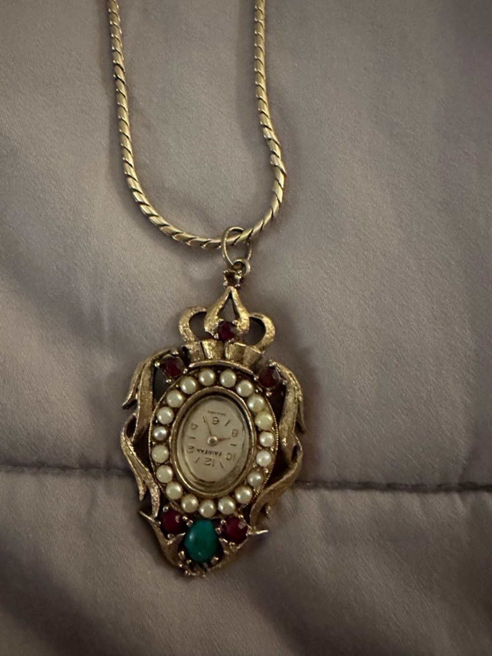 Vintage-Inspired Gold Pendant Watch with Pearls and Gems, Necklace not included!